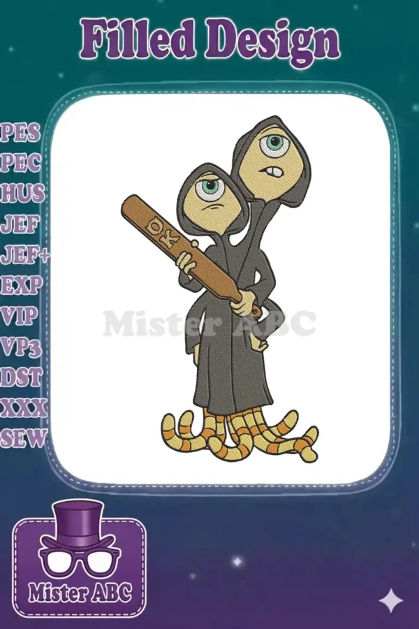 An embroidery design of Terri & Terry Perry from Monsters University, the two-headed monster holding a 'RO' paddle.