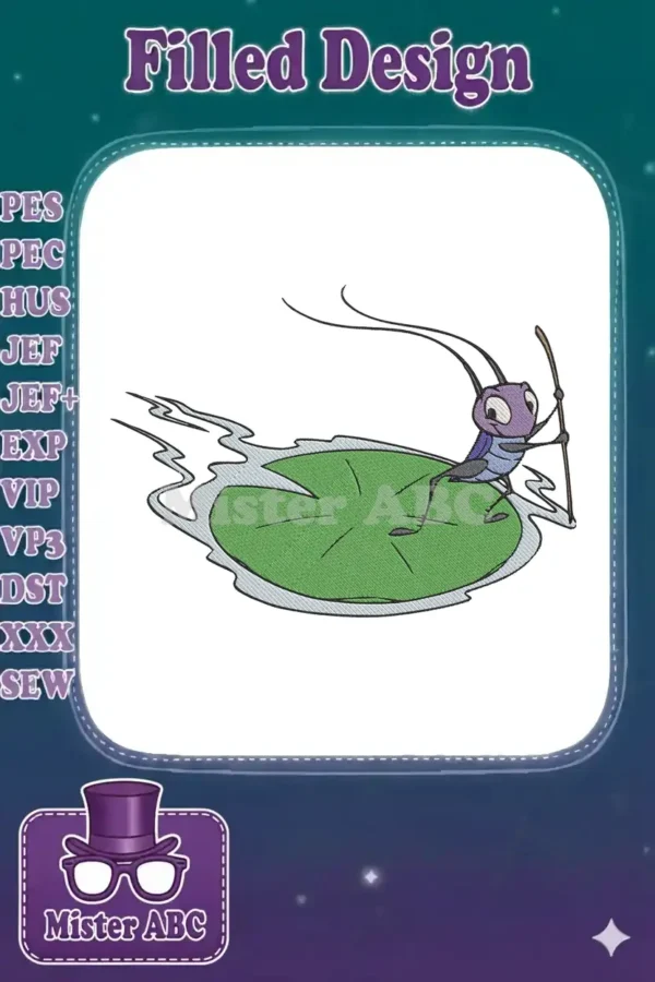 Digitized embroidery design of Jiminy Cricket, a purple and blue cricket, sitting on a green lily pad with water ripples.