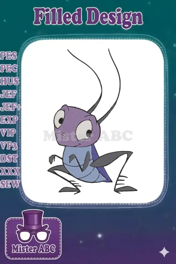 A detailed machine embroidery design of a cartoon cricket, featuring purple head, blue body, and long antennae.
