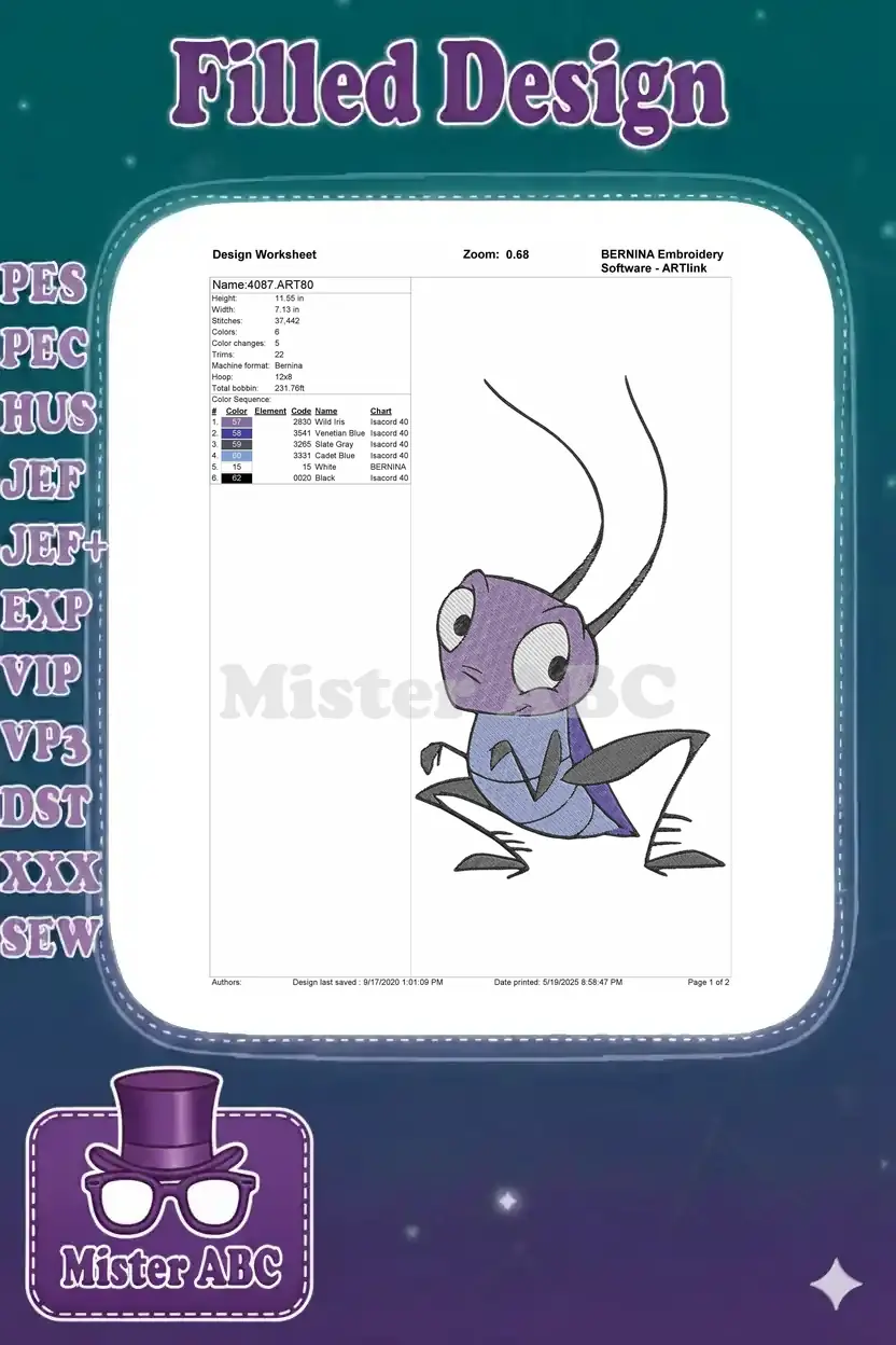 A design worksheet for embroidery, detailing dimensions, stitch count, 6 colors, and machine compatibility.