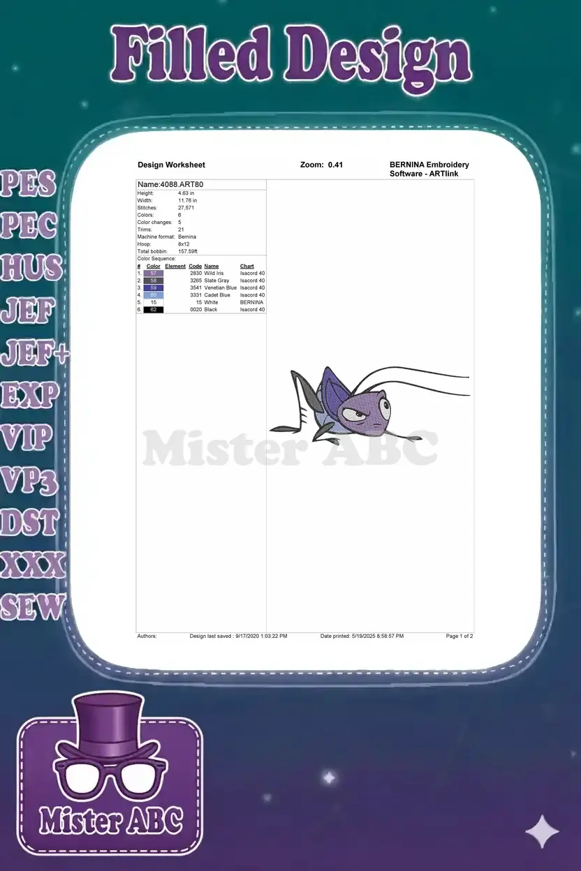 Detailed embroidery worksheet for design 4088, showing dimensions, stitch count, color sequence, and thread types.
