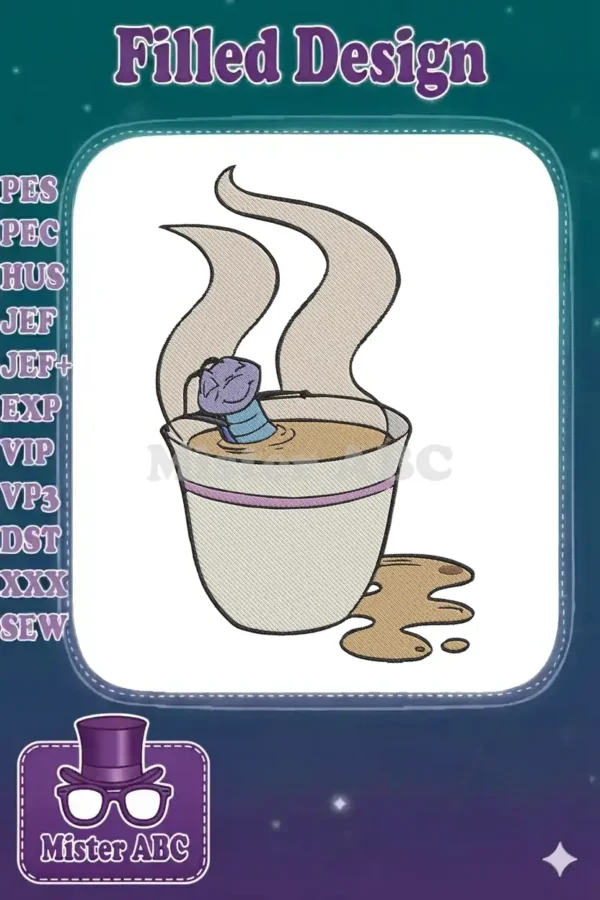 Embroidery design of a purple worm, Art, relaxing in a coffee cup with steam and spilled coffee. Whimsical.
