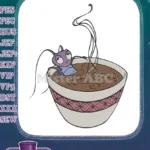 Funny purple insect relaxing in hot chocolate cup embroidery designs - Instant Download