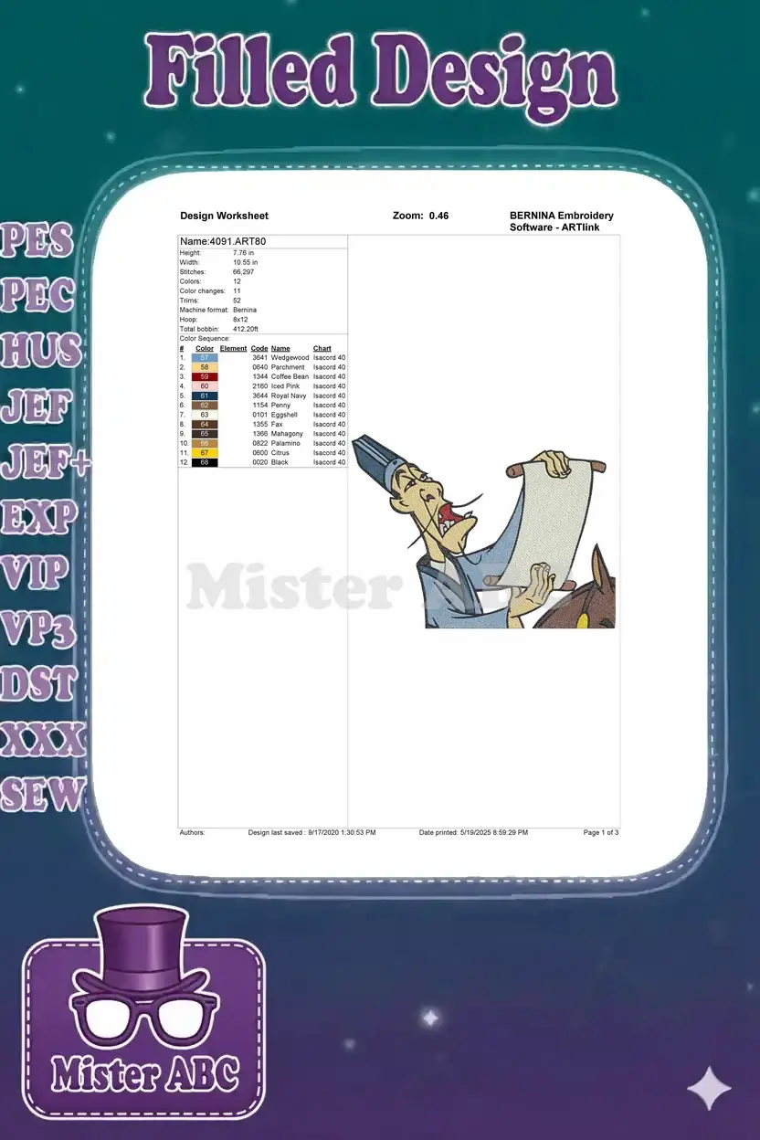 Embroidery design worksheet for '4091.ART80', showing dimensions, stitch count, color chart, and design preview.
