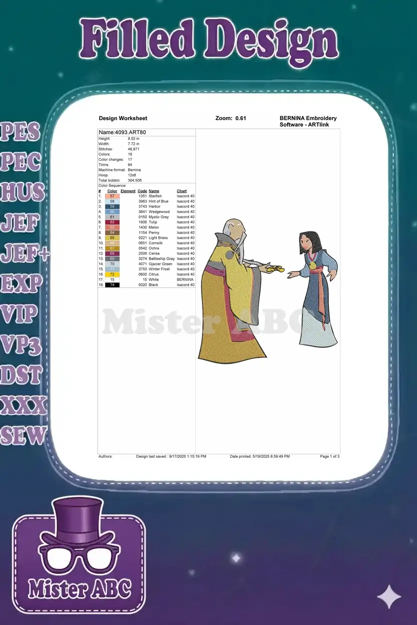 Embroidery design worksheet for Mulan and Emperor, showing dimensions, stitch count, color sequence, and thread details.
