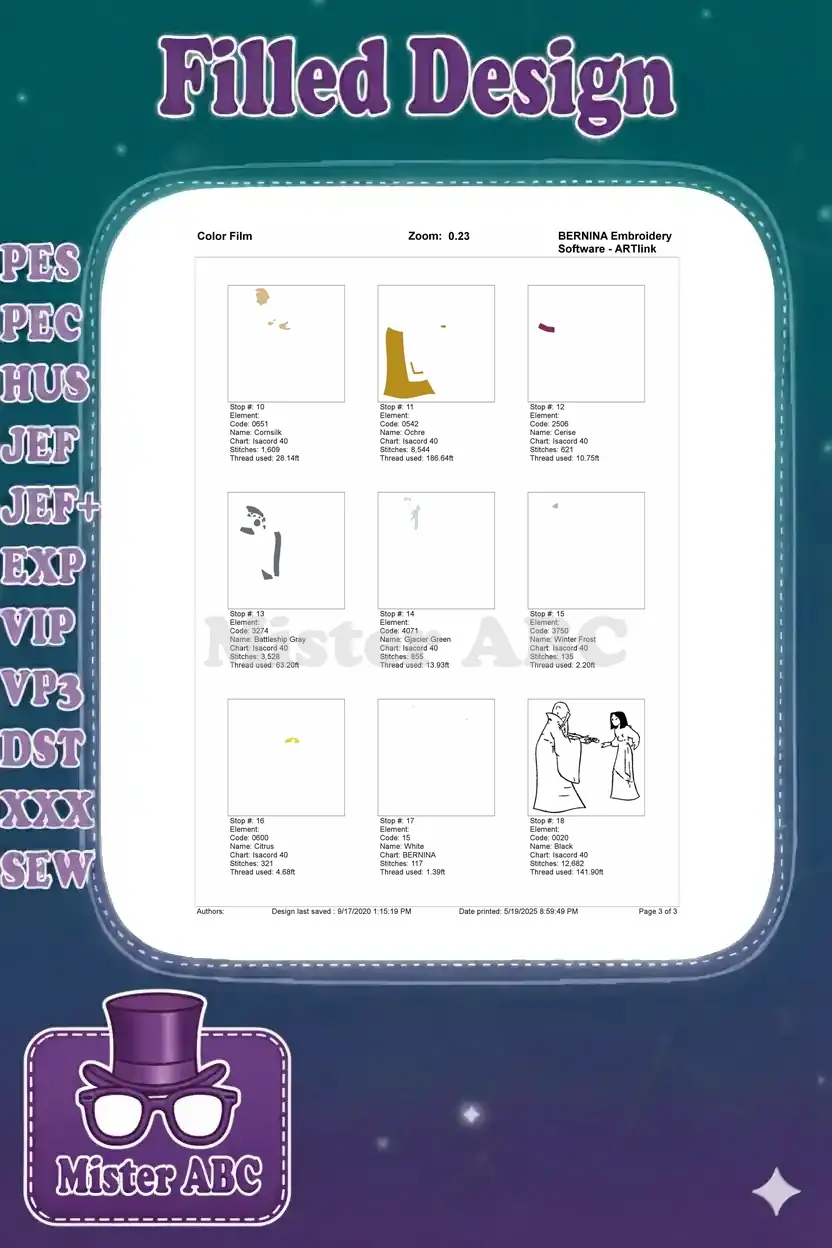 Second page of the embroidery color film, detailing the remaining color stops and the final outline for the design.