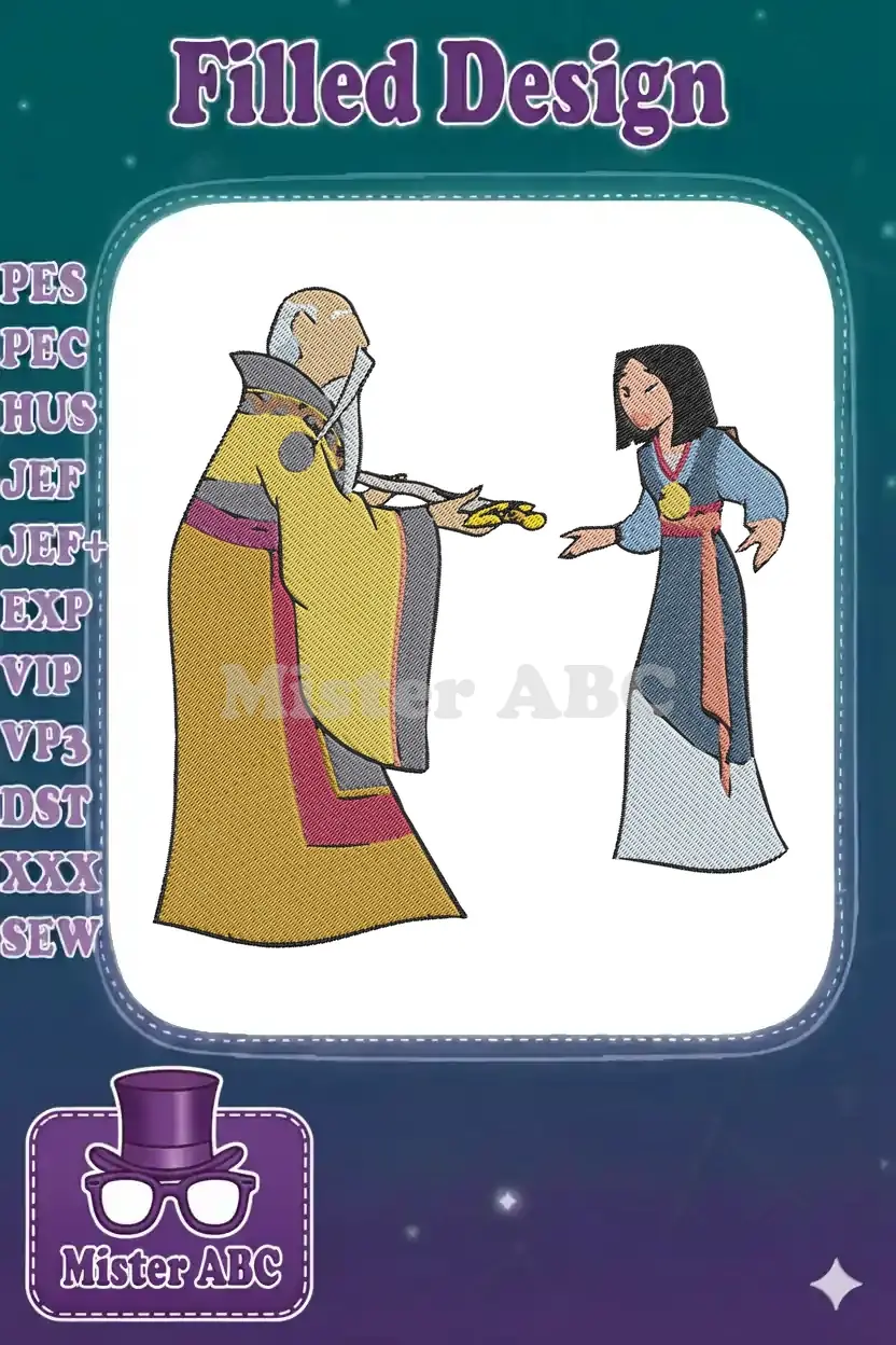 Mulan and the Emperor embroidery design, featuring vibrant colors and detailed satin stitches for a classic Disney scene.