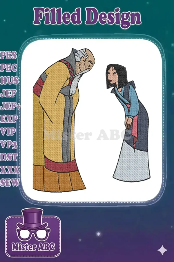 Full-color embroidery design of Mulan bowing respectfully to her father, Fa Zhou, on a white background.