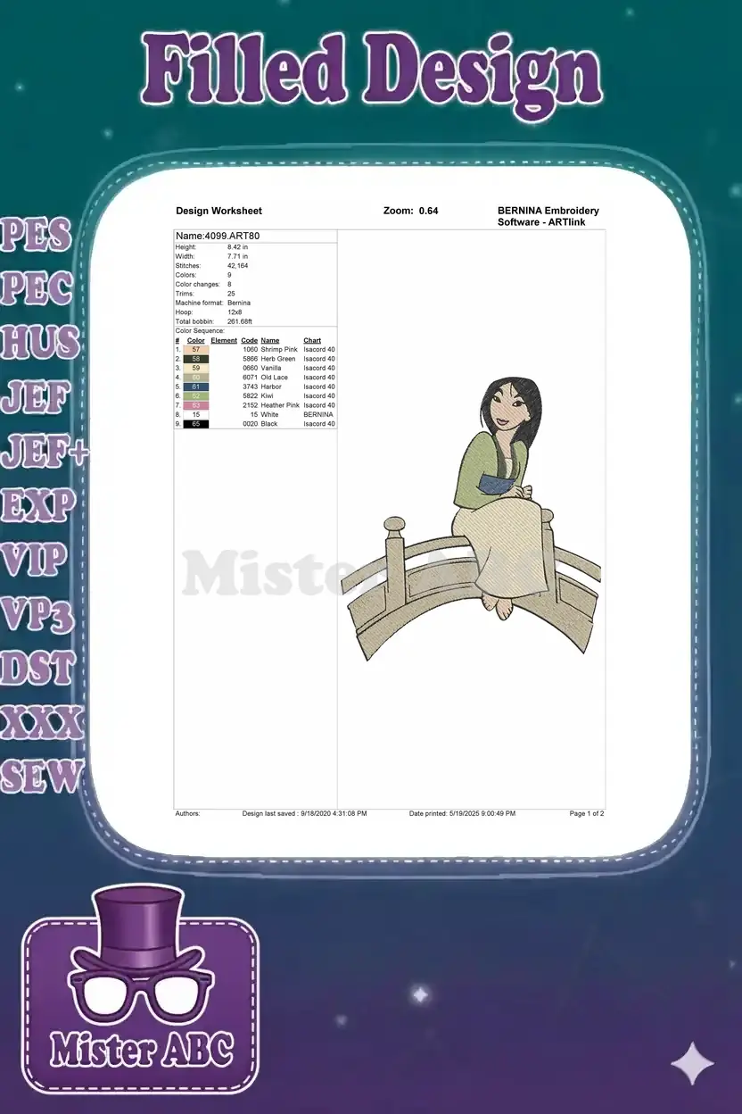 Embroidery design worksheet for Mulan on a bridge, showing dimensions, stitch count, color sequence, and thread types.