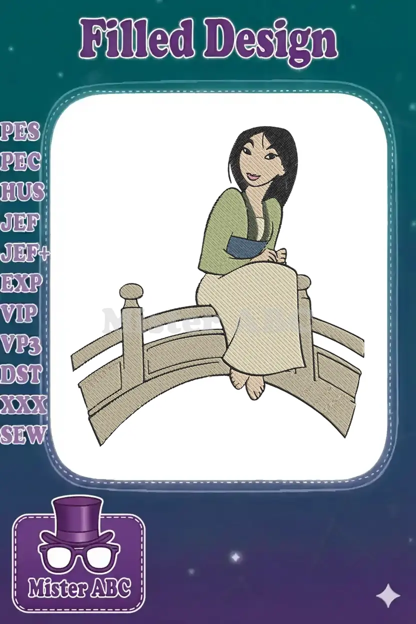 Full-color Mulan embroidery design showing her sitting on a light brown bridge, smiling gently. Perfect for apparel.