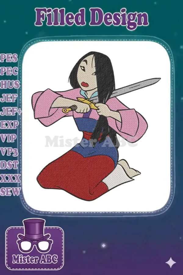 A powerful Mulan embroidery design, showing her cutting her hair with a sword, symbolizing courage and transformation.
