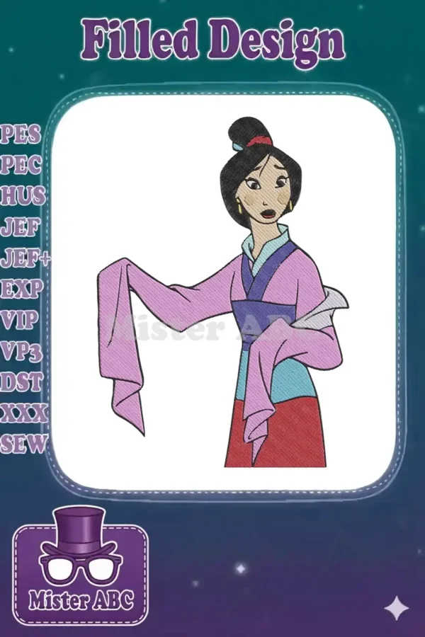 Mulan embroidery design in her matchmaker dress, looking anxious, with detailed stitching on a white background.