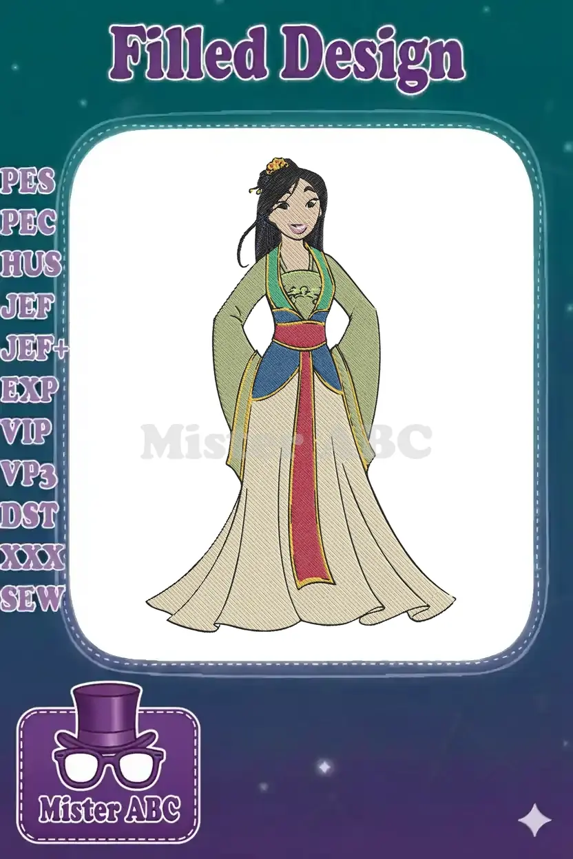 Full-body embroidery design of Disney's Mulan in her traditional green and blue outfit, standing with a gentle smile.