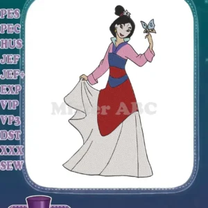 Full-length Mulan embroidery design in a beautiful dress holding a butterfly, showcasing vibrant colors and intricate details.