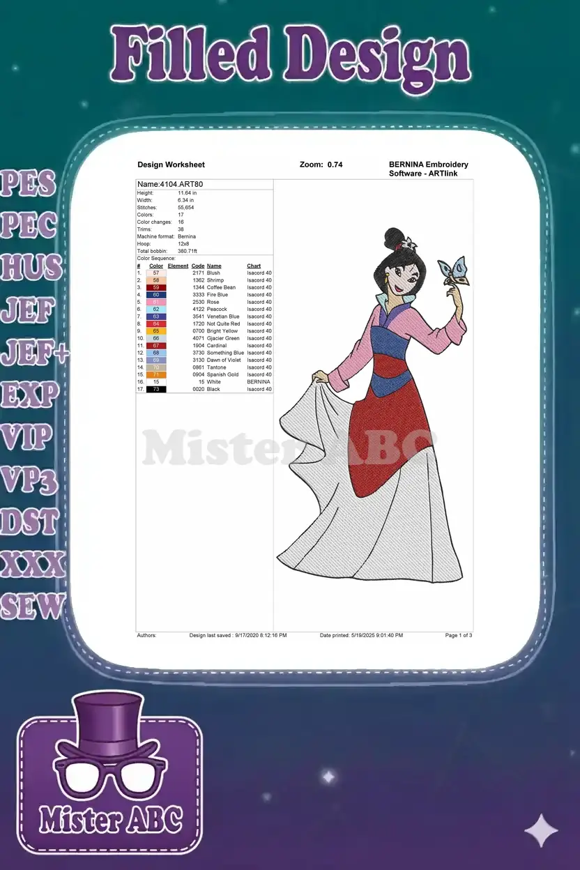 Embroidery design worksheet for Mulan, detailing dimensions, stitch count, color changes, and thread chart.
