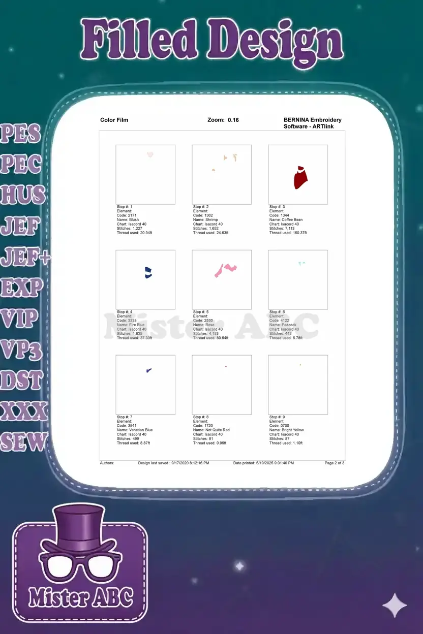 First nine color film stops for the Mulan embroidery design, showing individual thread elements and usage.