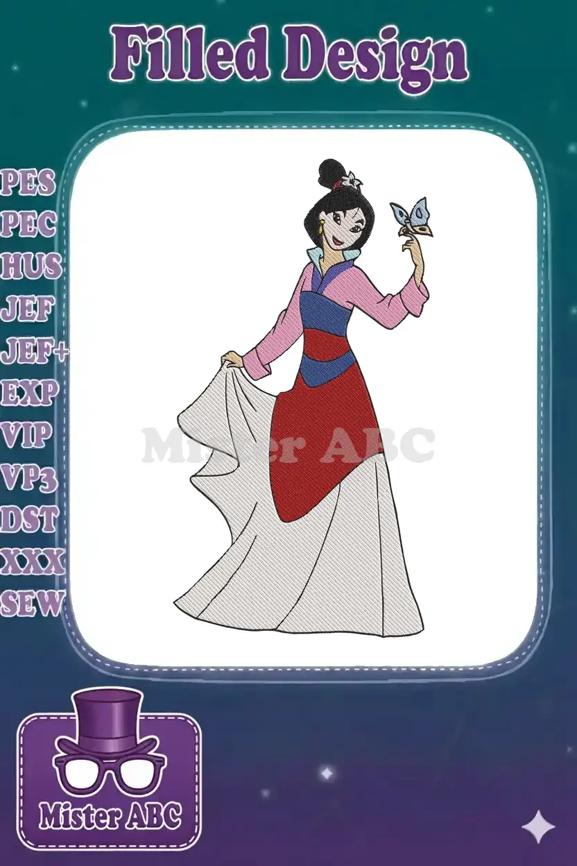 Full-length Mulan embroidery design in a beautiful dress holding a butterfly, showcasing vibrant colors and intricate details.