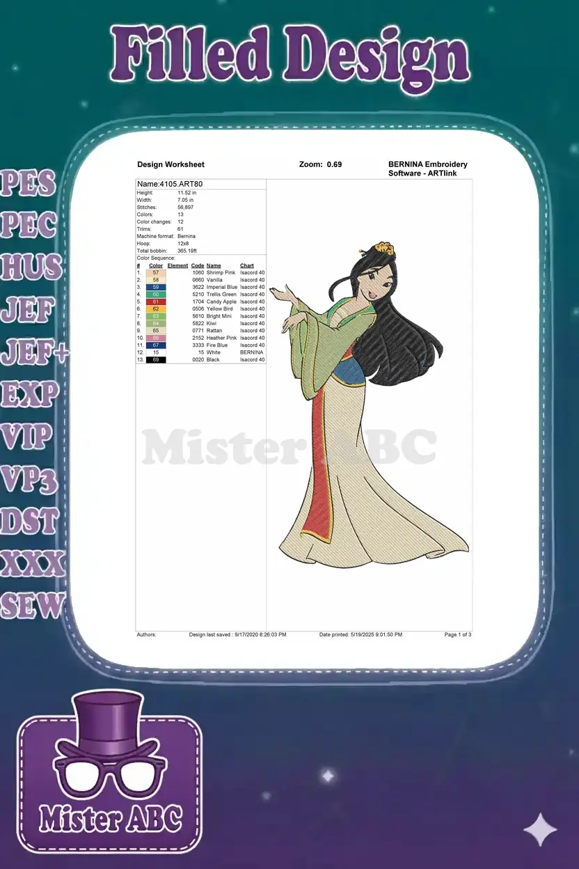 Embroidery worksheet for Mulan design, showing dimensions, stitch count, color sequence chart, and machine format.