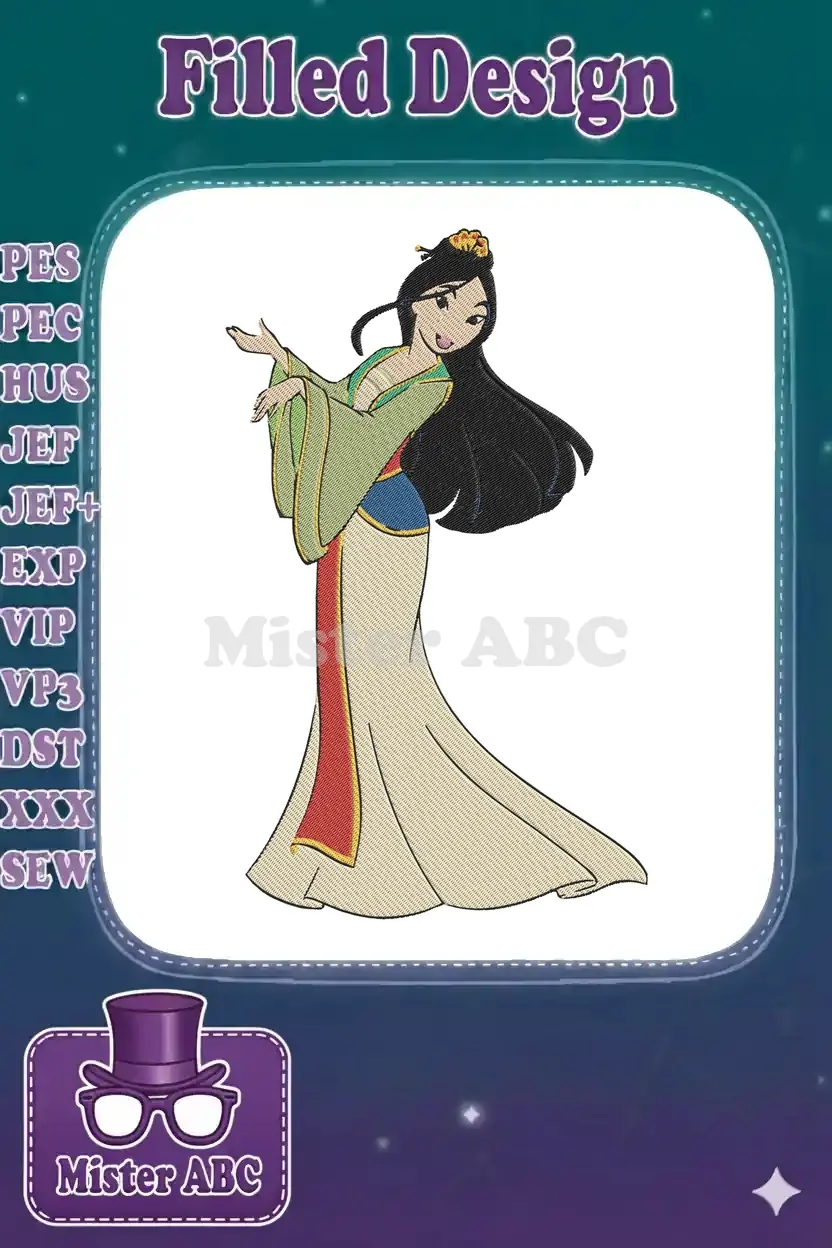 Full-body embroidery design of Disney's Mulan in her traditional green and red attire, with long black hair.