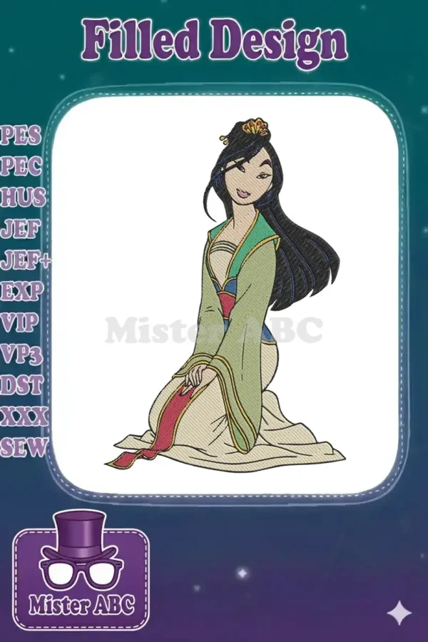 A beautiful embroidery design of Mulan, kneeling gracefully, with long black hair and a traditional green and cream gown.