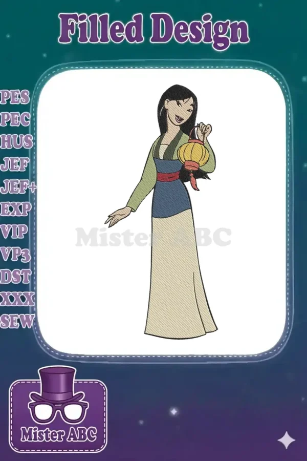 An enchanting Mulan embroidery design, depicting the Disney princess in her traditional attire, holding a lantern.