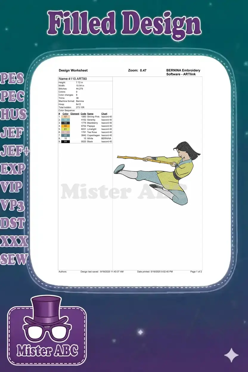 Detailed embroidery design worksheet for Mulan, showing stitch count, color sequence, dimensions, and machine format.