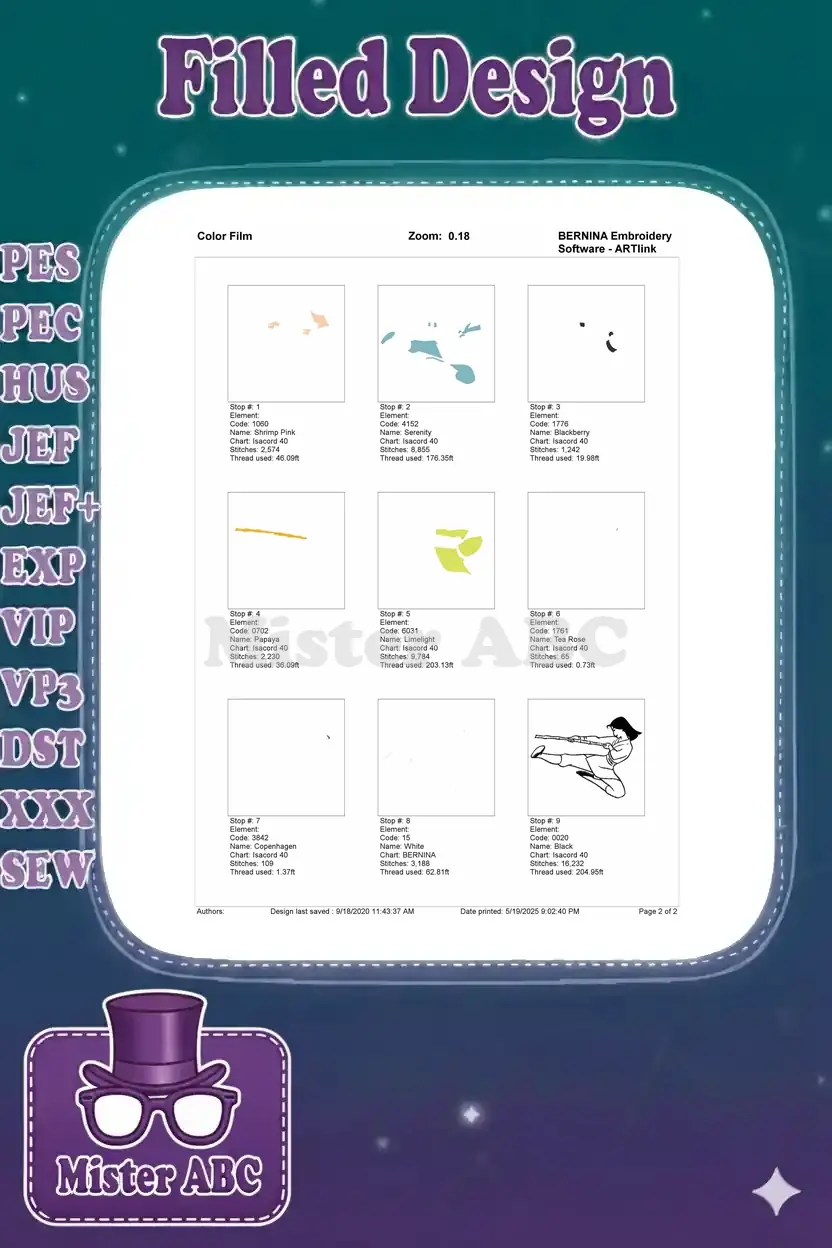 Embroidery color film for Mulan design, illustrating each color's stitch sequence and thread usage breakdown.