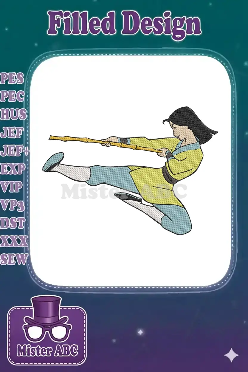 Mulan embroidery design in a dynamic martial arts pose, kicking while holding a staff, showcasing her warrior spirit.