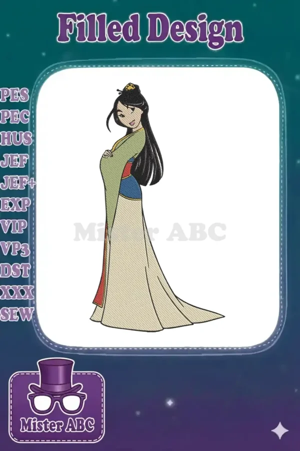 Exquisite embroidery of Disney's Mulan in her elegant green and beige attire, standing gracefully and beautifully rendered.