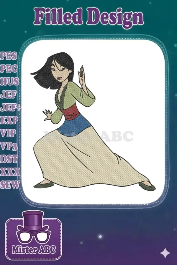 Mulan embroidery design in a powerful martial arts pose, featuring vibrant colors and detailed stitching on a white background.