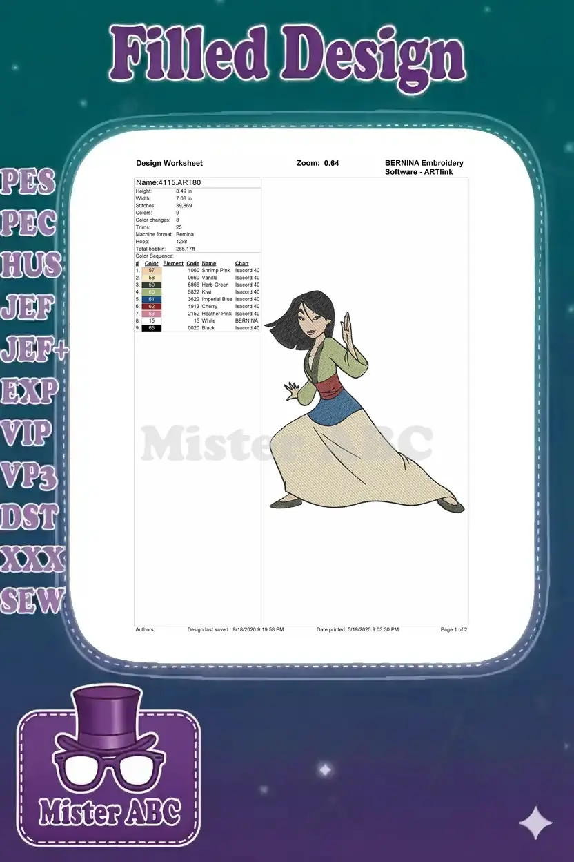 Mulan embroidery design worksheet displaying dimensions, stitch count, color sequence, and thread chart for BERNINA.