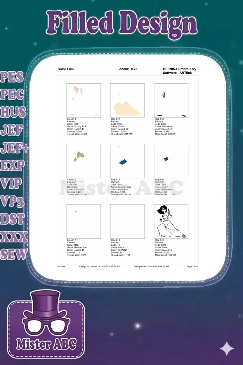 Mulan embroidery color film showing individual stitch stops, thread details, and stitch counts for each color element.