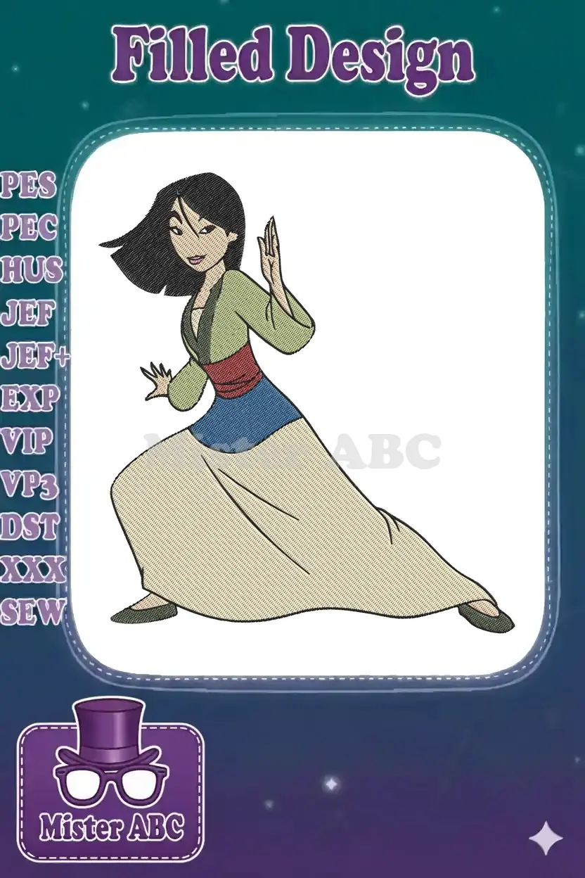Mulan embroidery design in a powerful martial arts pose, featuring vibrant colors and detailed stitching on a white background.