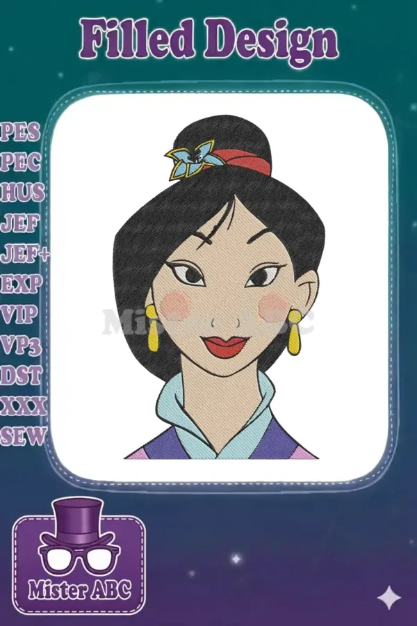 Close-up embroidery design of Mulan's face, featuring her iconic bun, flower accessory, and gentle smile.