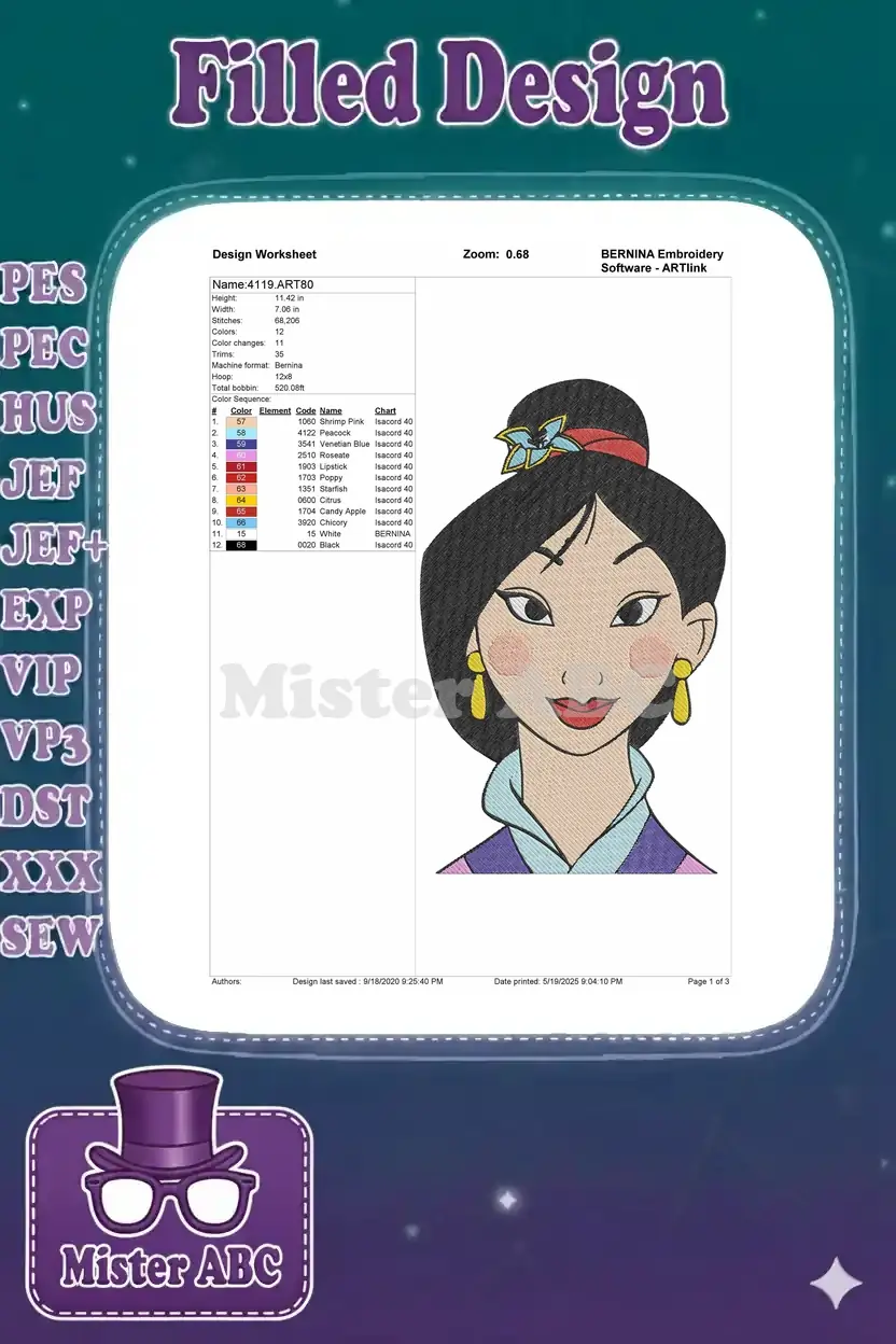 BERNINA embroidery design worksheet for Mulan, detailing dimensions, stitch count, color sequence, and thread codes.