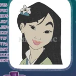 Smiling Asian cartoon princess with white flower embroidery designs - Instant Download