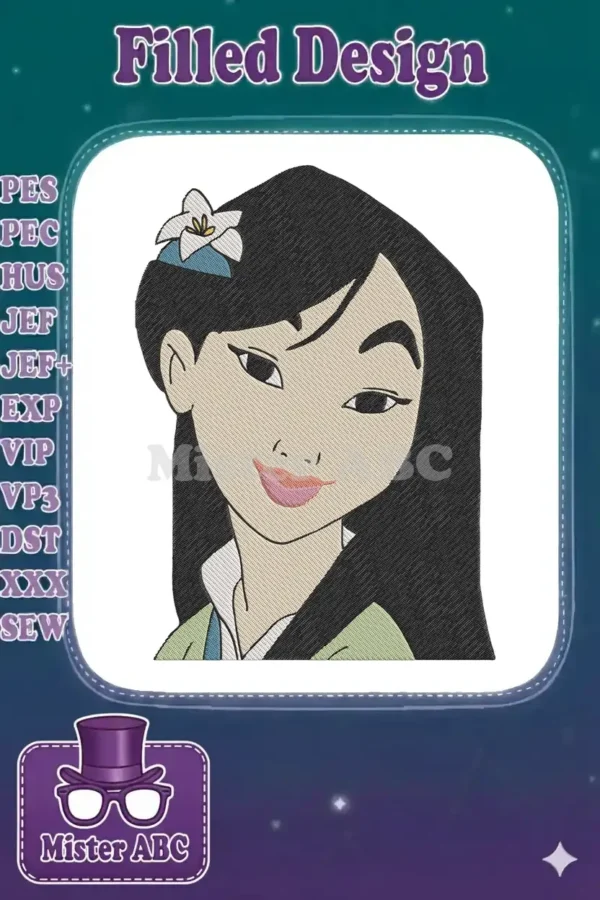 A detailed embroidery design featuring the beloved Disney character Mulan, with her iconic black hair and flower.
