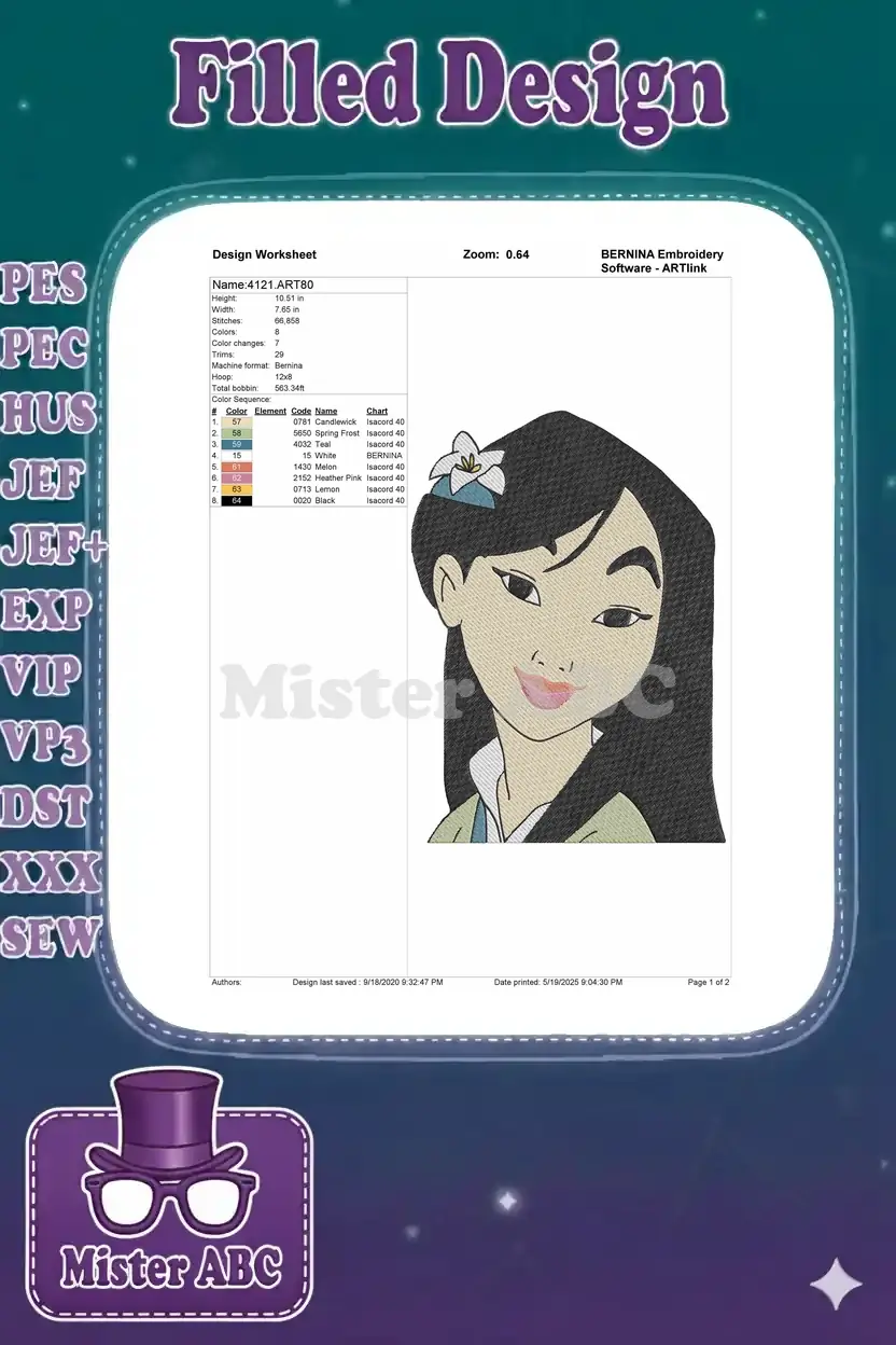 A comprehensive embroidery design worksheet detailing Mulan's design dimensions, stitch count, and color palette.
