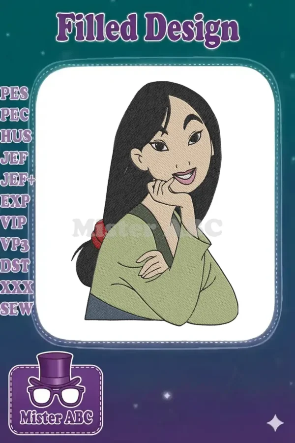A vibrant Mulan embroidery design showcasing her iconic smile, resting her chin on her hand with a red hair tie.