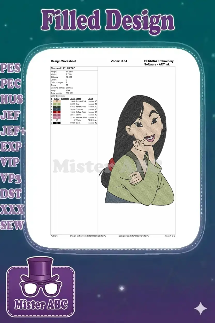 A detailed embroidery design worksheet for Mulan, showing stitch count, dimensions, color sequence, and thread types.