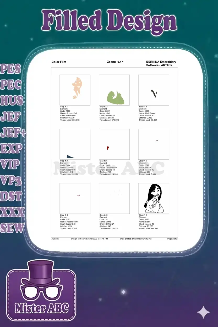 A color film chart displaying the stitch order for the Mulan embroidery design, breaking down each color's sequence.