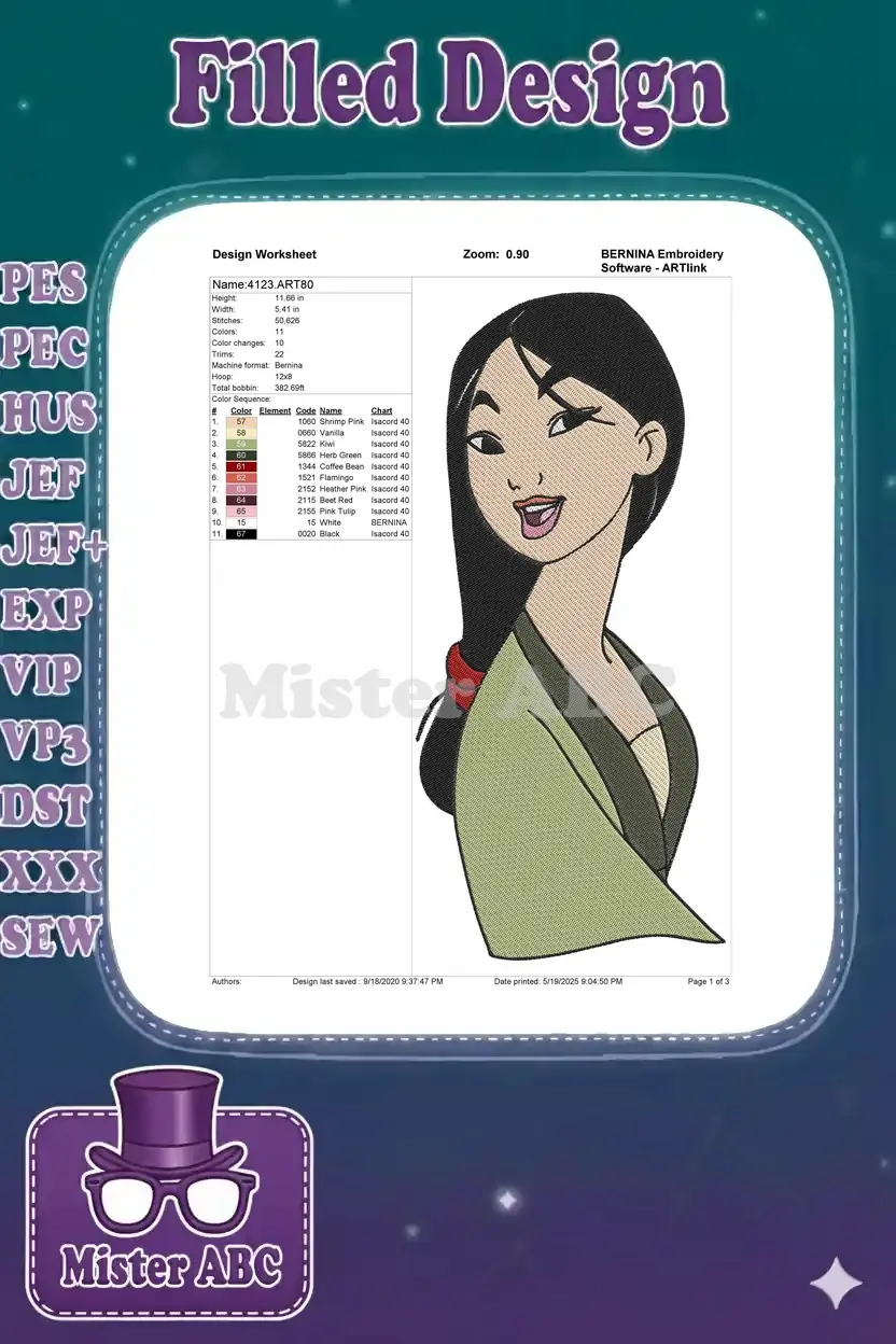 Comprehensive design worksheet for Mulan embroidery, detailing stitches, colors, dimensions, and machine format.