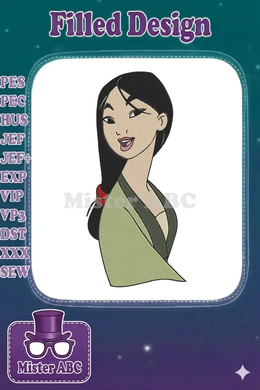 Close-up embroidery of Disney's Mulan, smiling with long black hair and a green robe, showcasing detailed stitching.