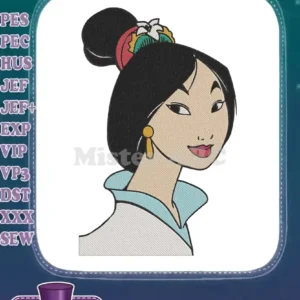 A vibrant embroidery design featuring Princess Jasmine with her iconic updo, gold earring, and elegant collar.