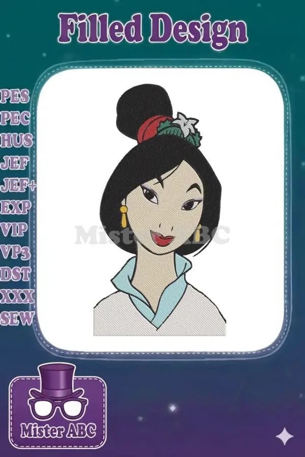 Detailed embroidery design of Mulan in her matchmaker attire, featuring a refined updo and traditional makeup.