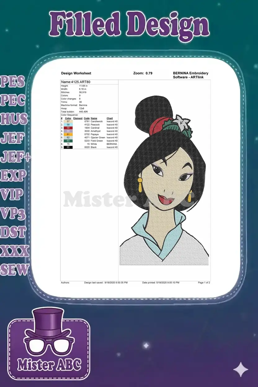 Embroidery design worksheet for Mulan, detailing dimensions, stitch count, color sequence, and machine info.