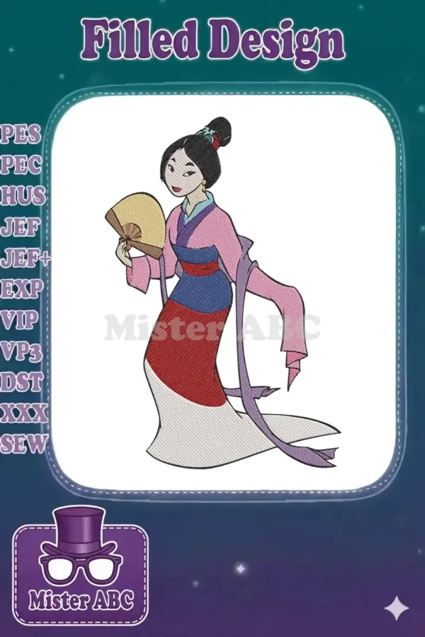 Mulan embroidery design in her elegant matchmaker dress, holding a fan, featuring vibrant colors and detailed stitching.