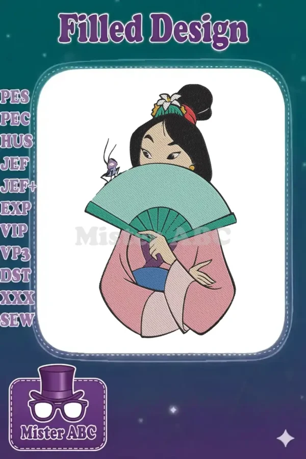 Mulan embroidery design in a traditional pink robe, holding a teal fan, with Cri-Kee on her shoulder.