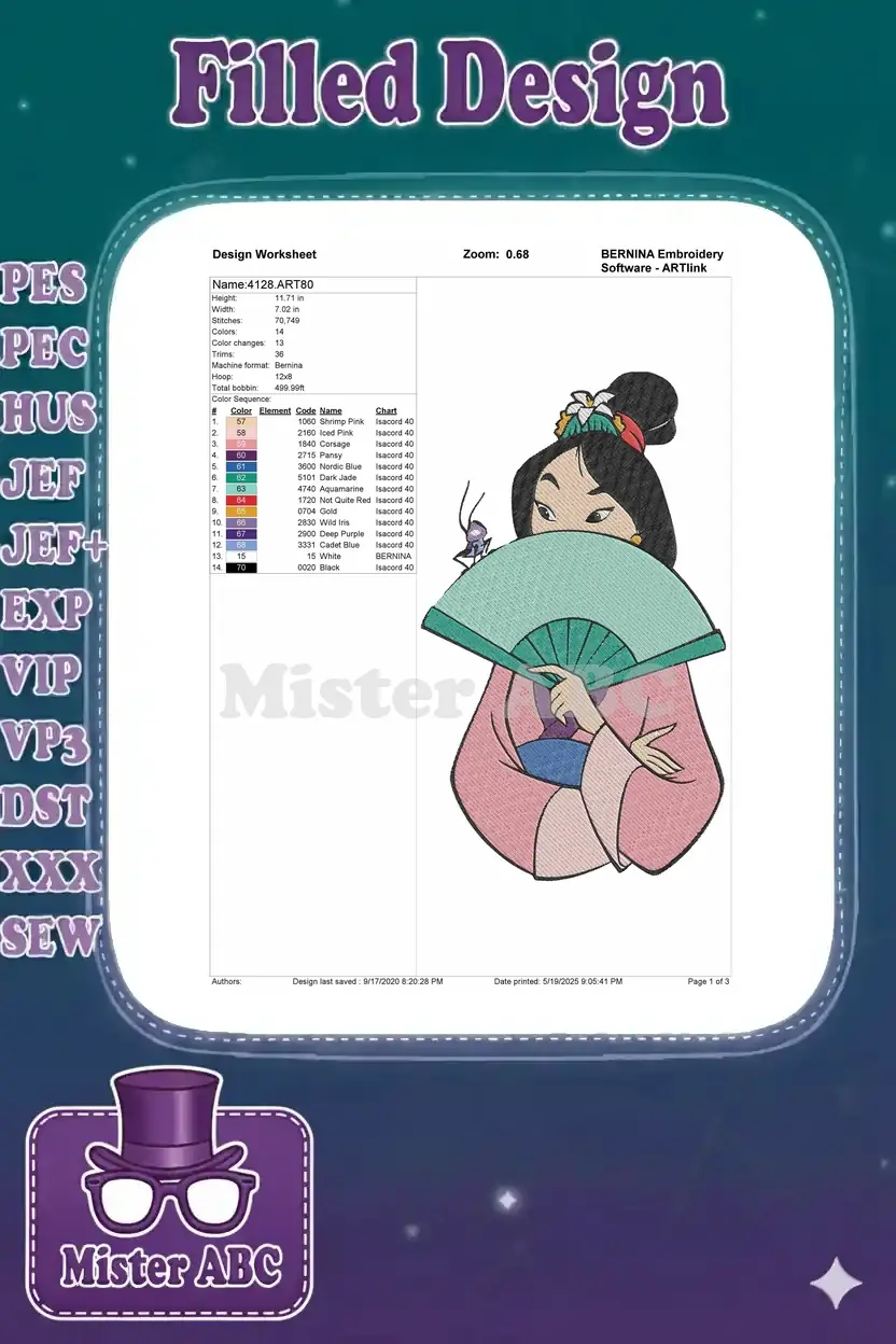 Embroidery design worksheet for Mulan with Fan, detailing dimensions, color chart, stitches, and thread codes.