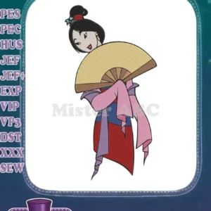 Vibrant embroidery of Disney's Mulan in traditional attire, holding a golden fan, perfect for decorative projects.
